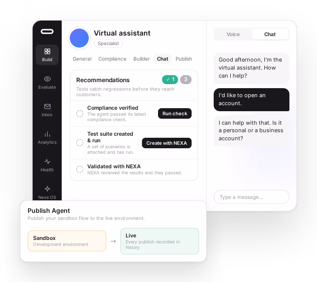 A página de um agente: recomendações ainda por fechar antes do lançamento (verificação de conformidade, um conjunto de testes criado com a Nexa, validação pela Nexa) ao lado de uma conversa de teste no separador Chat, e um painel de publicação que passa o fluxo do ambiente de desenvolvimento para produção