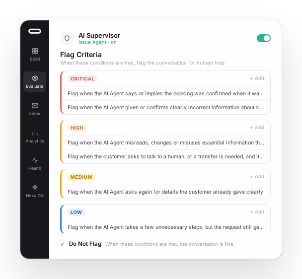 Os critérios de sinalização de um Issue Agent: regras em linguagem simples agrupadas por gravidade crítica, alta, média e baixa, cada uma a descrever quando uma conversa deve ser sinalizada para ajuda humana