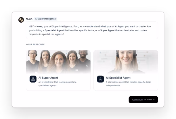 Criar um agente com a Nexa: pergunta se estás a construir um Super Agent, que encaminha os pedidos para agentes especializados, ou um Specialist Agent, que trata sozinho de tarefas específicas