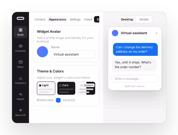 O editor do widget de chat: definições de avatar, nome e tema à esquerda, e uma pré-visualização em direto, em computador, do widget a responder a um cliente à direita
