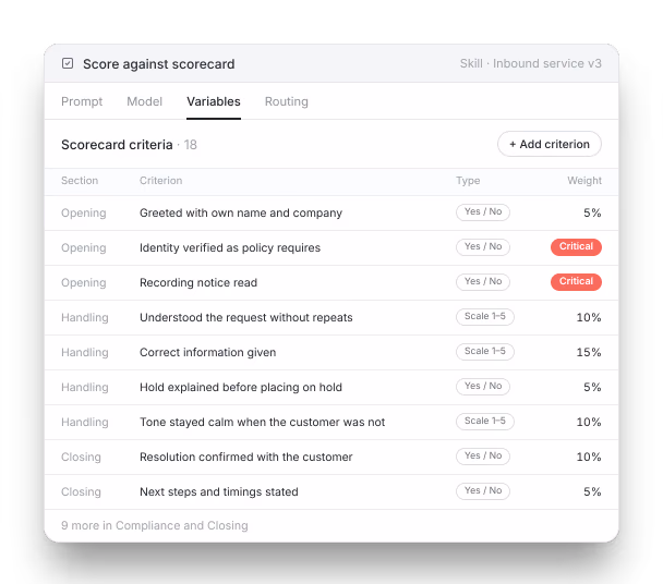 As definições da skill Avaliar face à grelha, no separador Variables: a grelha do cliente em parâmetros, cada um com uma secção, um tipo, como sim ou não ou uma escala de 1 a 5, e um peso, com dois parâmetros marcados como críticos. Mostram-se nove dos dezoito parâmetros