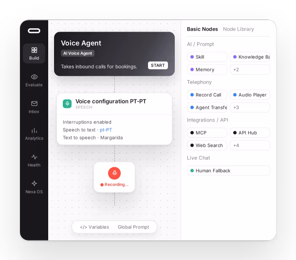 O Agent Builder: o fluxo de um agente de voz numa área de desenho, com o nó de início, um nó de configuração de voz para português europeu e um nó de gravação, ao lado da biblioteca de nós de IA, telefonia e integração