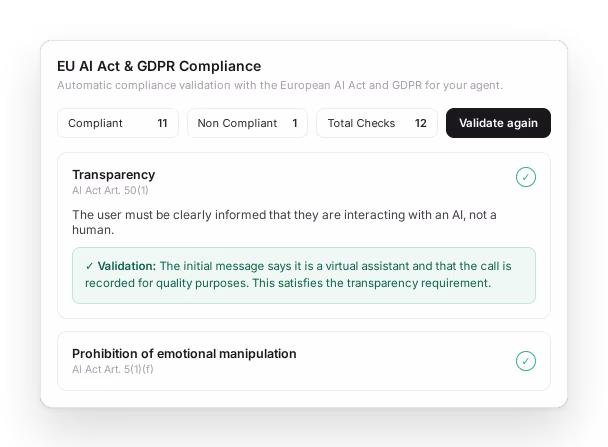 EU AI Act and GDPR Compliance: 11 verificações conformes, 1 não conforme, 12 no total, um botão Validate again e a verificação de transparência com o artigo citado e a validação retirada do fluxo do agente